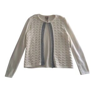 Chico’s Cardigan Sweater Women's 1 Medium Cream Metallic Silver Trim Granny Knit